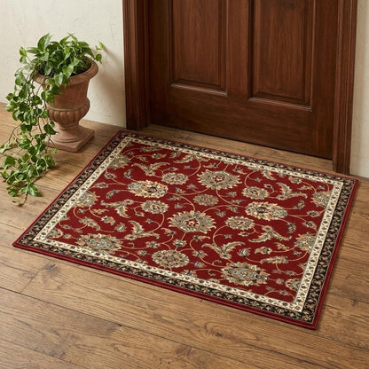 2' X 4' Red Black Blue Ivory Green And Salmon Oriental Power Loom Stain Resistant Area Rug