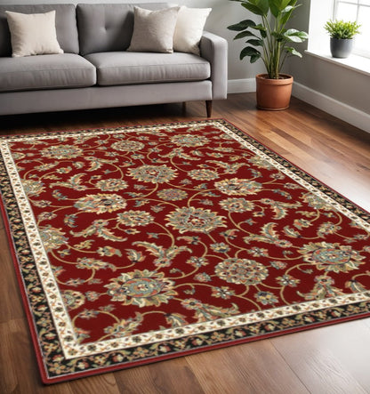 5' X 8' Red and Beige Oriental Power Loom Area Rug