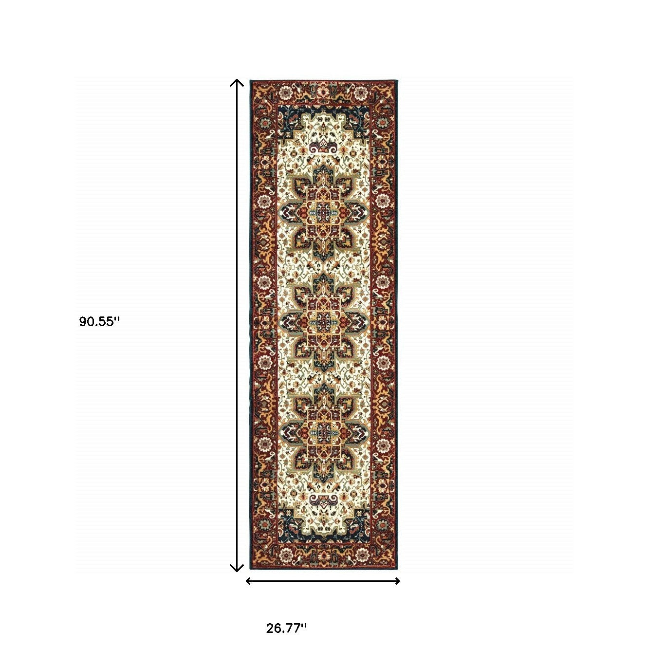 2' X 8' Red And Ivory Oriental Power Loom Stain Resistant Runner Rug