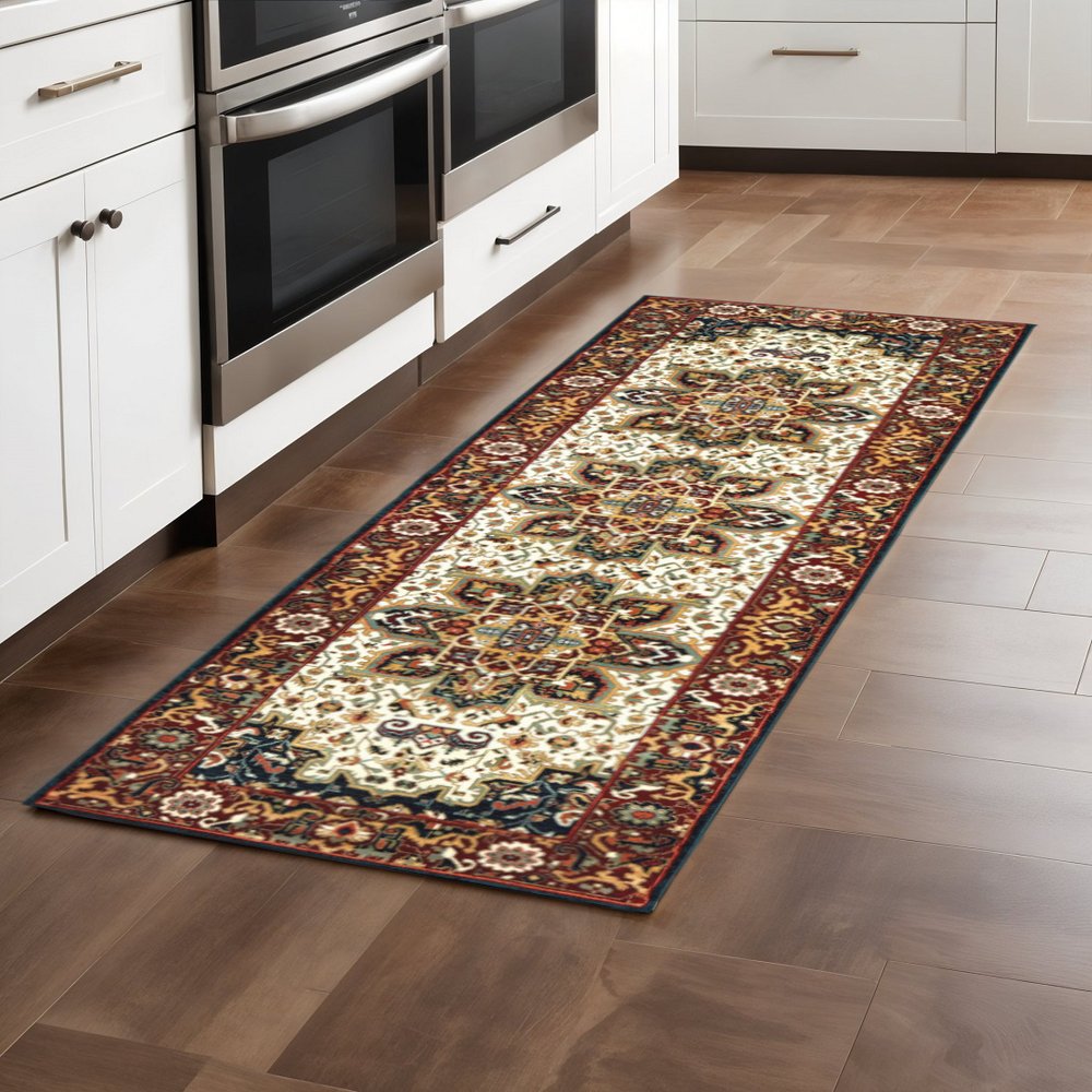 2' X 8' Red And Ivory Oriental Power Loom Stain Resistant Runner Rug