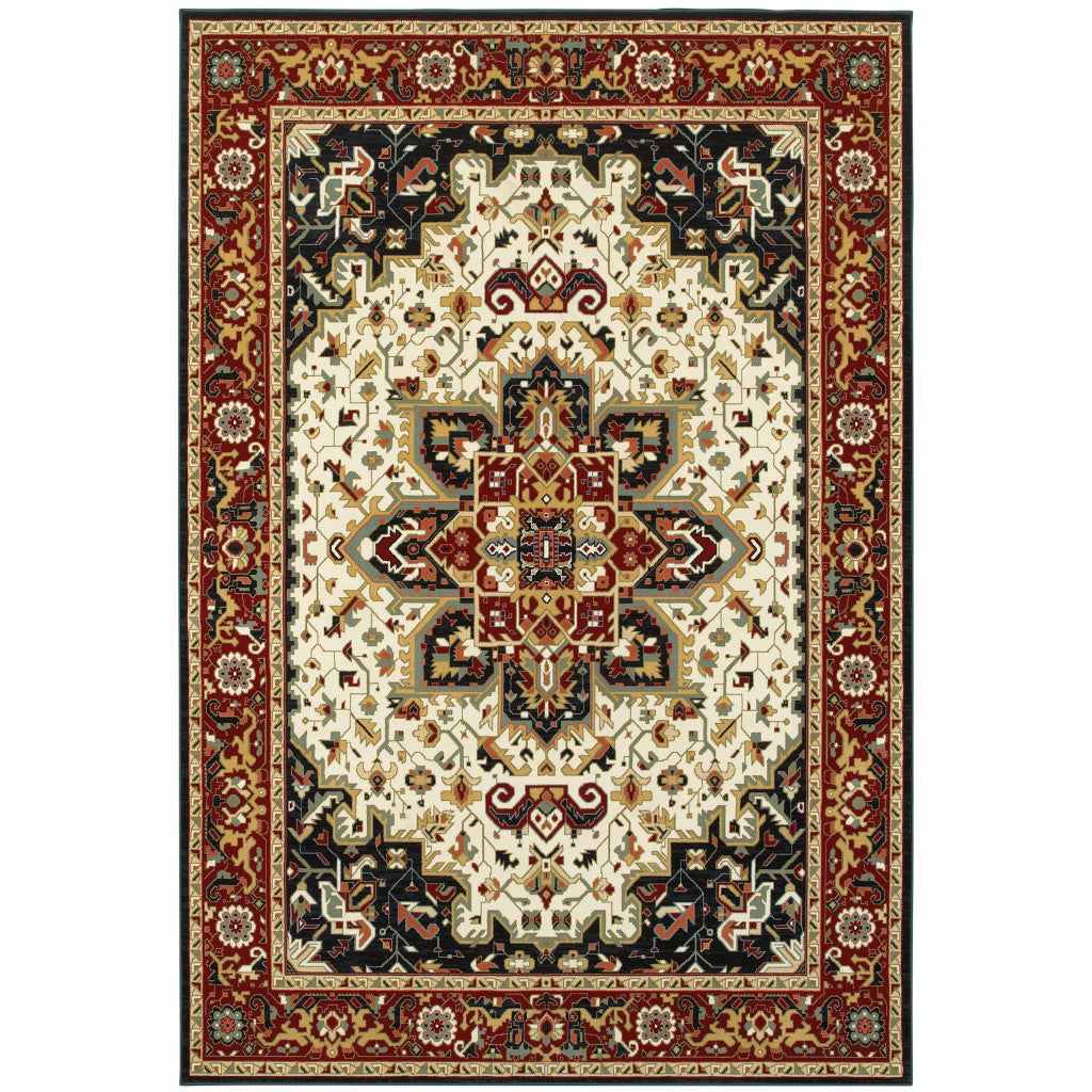 4' X 6' Red And Ivory Oriental Power Loom Stain Resistant Area Rug