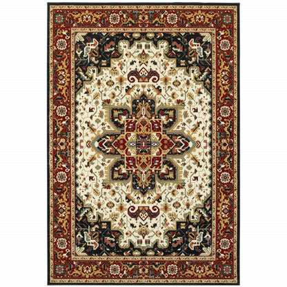 4' X 6' Red And Ivory Oriental Power Loom Stain Resistant Area Rug