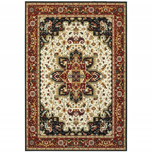 4' X 6' Red And Ivory Oriental Power Loom Stain Resistant Area Rug