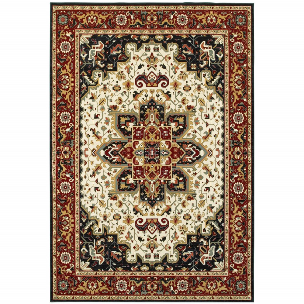 4' X 6' Red And Ivory Oriental Power Loom Stain Resistant Area Rug