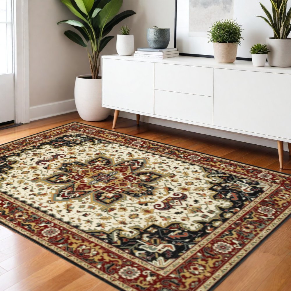4' X 6' Red And Ivory Oriental Power Loom Stain Resistant Area Rug