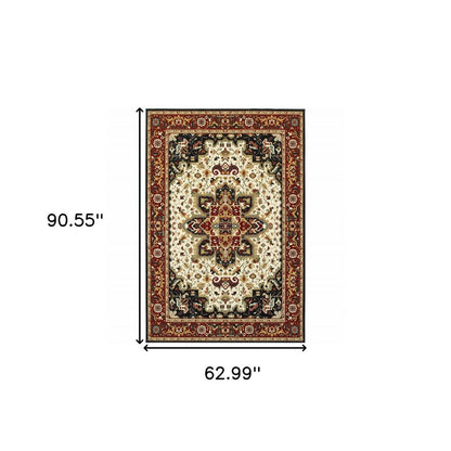 5' X 8' Red And Ivory Oriental Power Loom Stain Resistant Area Rug