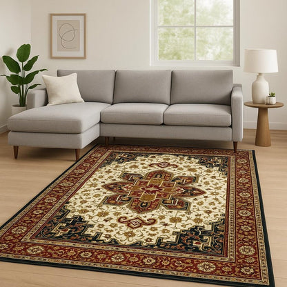 8' X 11' Red And Ivory Oriental Power Loom Stain Resistant Area Rug