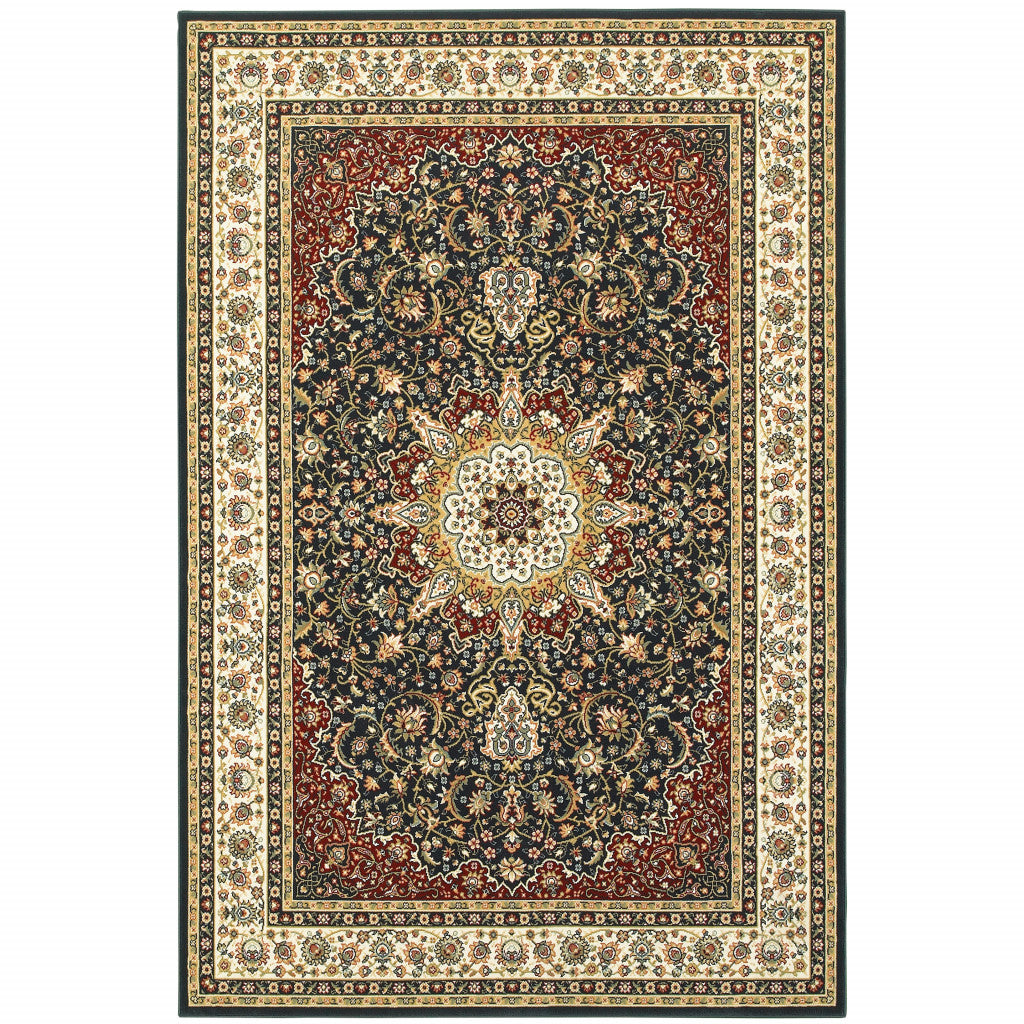 4' X 6' Navy And Ivory Oriental Power Loom Stain Resistant Area Rug