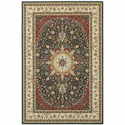 4' X 6' Navy And Ivory Oriental Power Loom Stain Resistant Area Rug