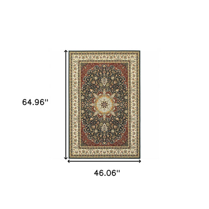 4' X 6' Navy And Ivory Oriental Power Loom Stain Resistant Area Rug