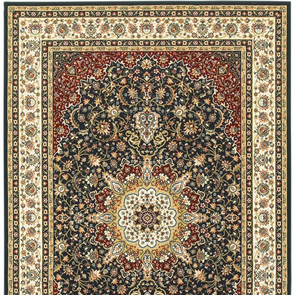 4' X 6' Navy And Ivory Oriental Power Loom Stain Resistant Area Rug