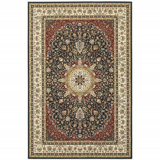 5' X 8' Navy And Ivory Oriental Power Loom Stain Resistant Area Rug