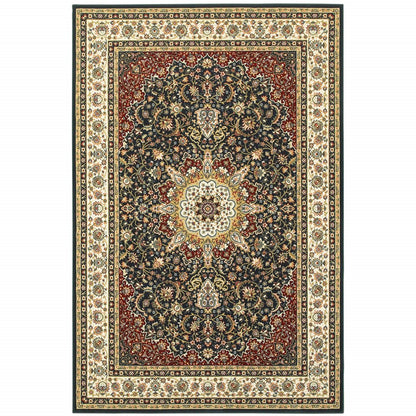 5' X 8' Navy And Ivory Oriental Power Loom Stain Resistant Area Rug