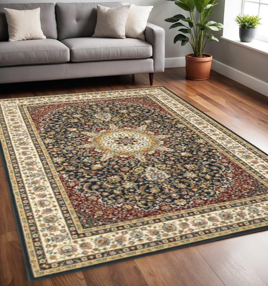 5' X 8' Navy And Ivory Oriental Power Loom Stain Resistant Area Rug