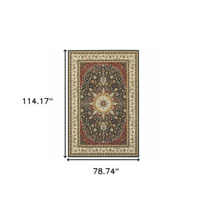 6' X 9' Navy And Ivory Oriental Power Loom Stain Resistant Area Rug