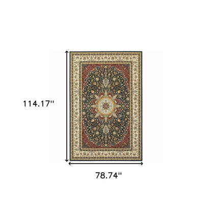6' X 9' Navy And Ivory Oriental Power Loom Stain Resistant Area Rug