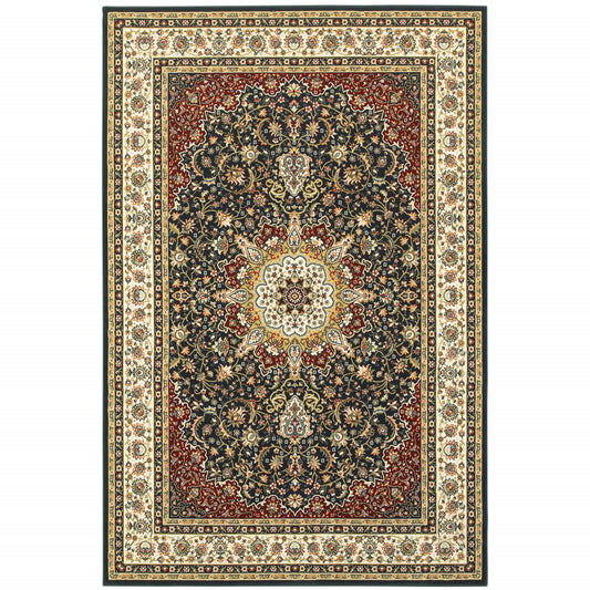 8' X 11' Navy And Ivory Oriental Power Loom Stain Resistant Area Rug