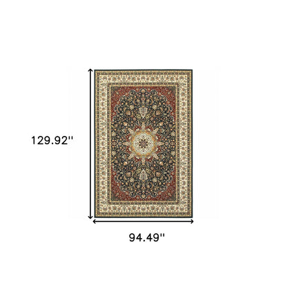 8' X 11' Navy And Ivory Oriental Power Loom Stain Resistant Area Rug