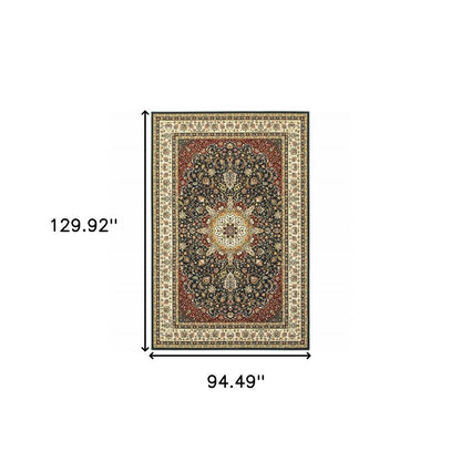 8' X 11' Navy And Ivory Oriental Power Loom Stain Resistant Area Rug
