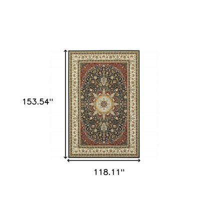 10' X 13' Navy And Ivory Oriental Power Loom Stain Resistant Area Rug
