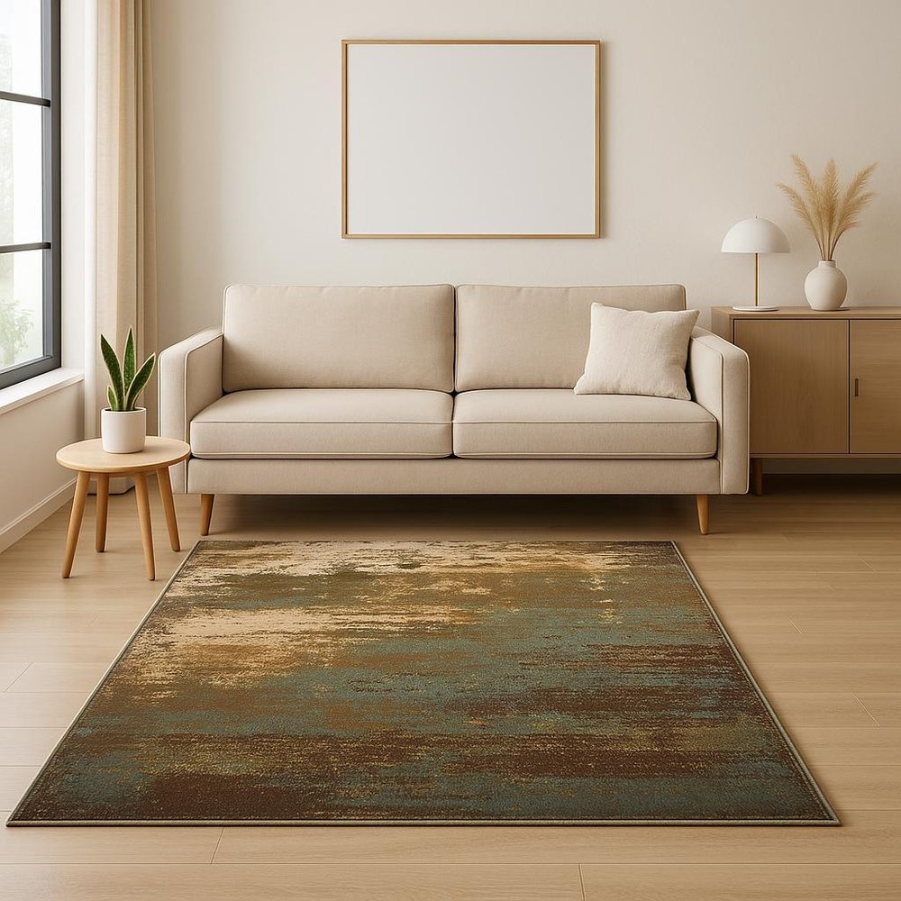 5' X 7' Teal Blue Brown Green And Beige Abstract Power Loom Stain Resistant Area Rug