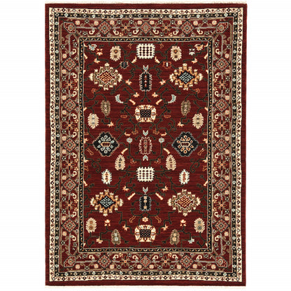 2' X 3' Red Black Ivory And Brown Oriental Power Loom Stain Resistant Area Rug With Fringe