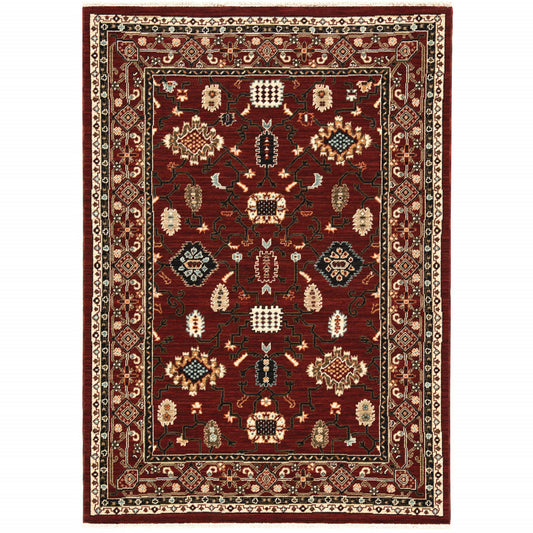 2' X 3' Red Black Ivory And Brown Oriental Power Loom Stain Resistant Area Rug With Fringe