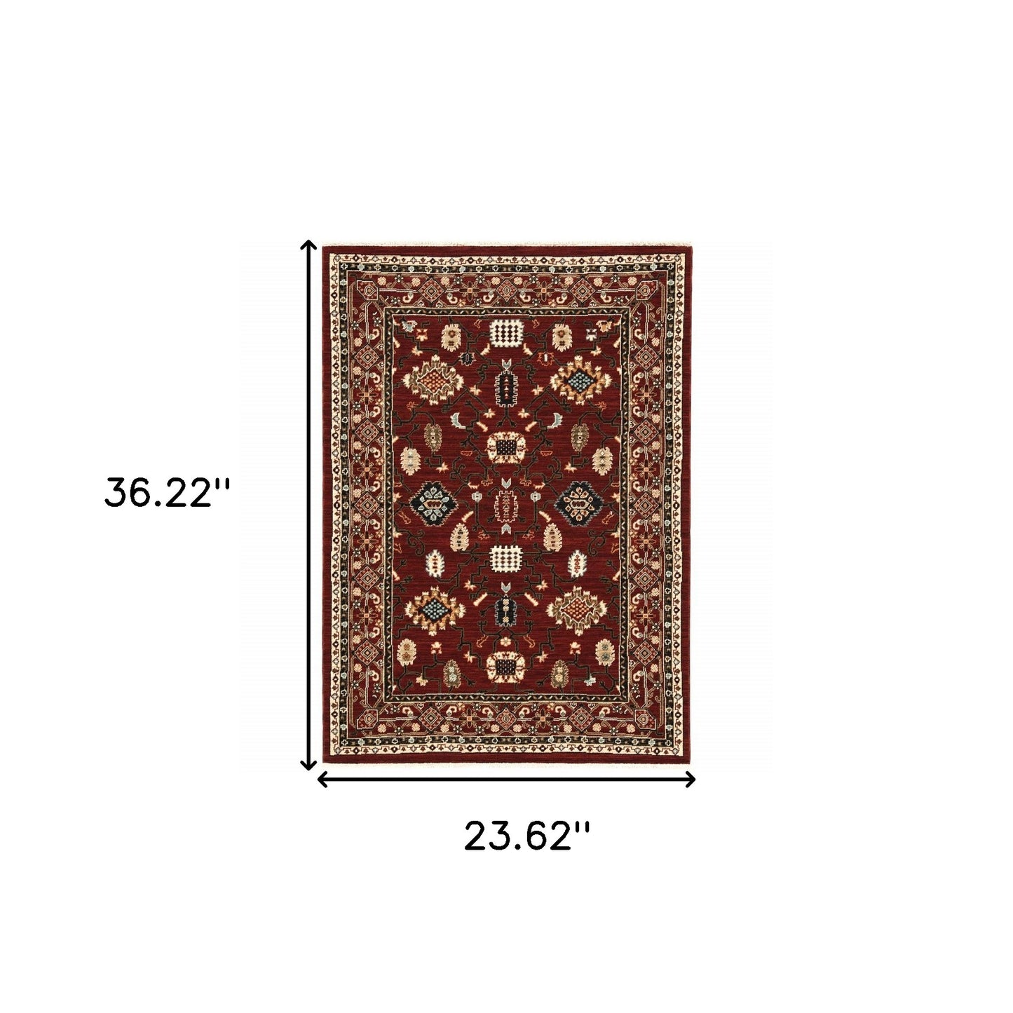 2' X 3' Red Black Ivory And Brown Oriental Power Loom Stain Resistant Area Rug With Fringe