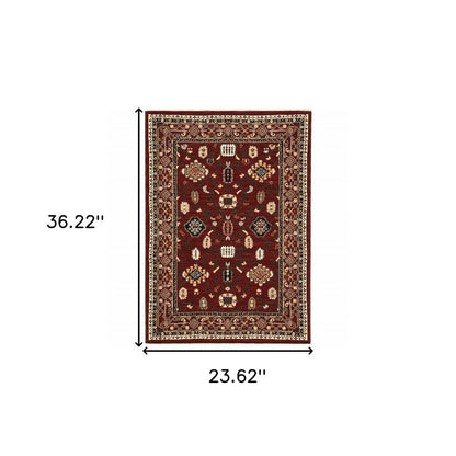 2' X 3' Red Black Ivory And Brown Oriental Power Loom Stain Resistant Area Rug With Fringe