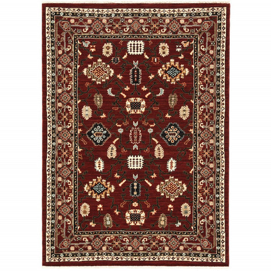 2' X 3' Red Black Ivory And Brown Oriental Power Loom Stain Resistant Area Rug With Fringe