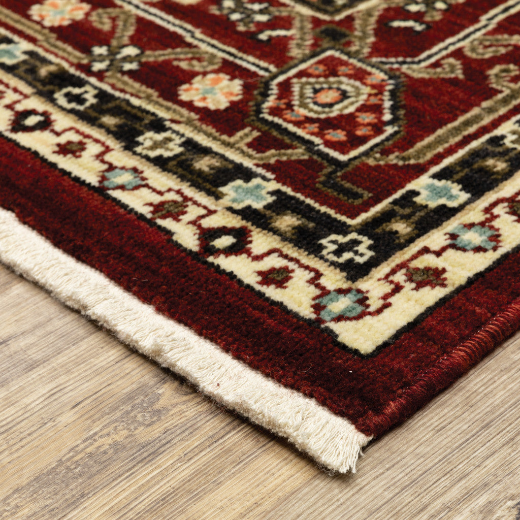 2' X 3' Red Black Ivory And Brown Oriental Power Loom Stain Resistant Area Rug With Fringe