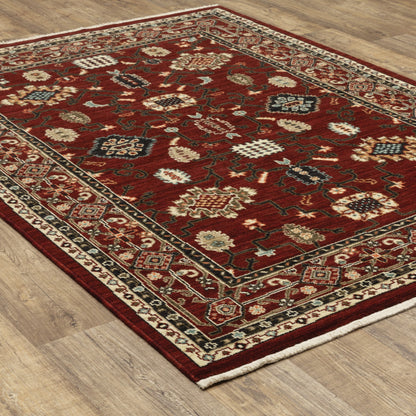 2' X 3' Red Black Ivory And Brown Oriental Power Loom Stain Resistant Area Rug With Fringe