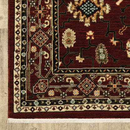 2' X 3' Red Black Ivory And Brown Oriental Power Loom Stain Resistant Area Rug With Fringe