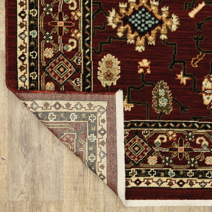 2' X 6' Red Black Ivory And Brown Oriental Power Loom Stain Resistant Runner Rug With Fringe