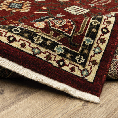 2' X 6' Red Black Ivory And Brown Oriental Power Loom Stain Resistant Runner Rug With Fringe