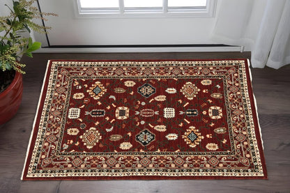 3' X 5' Red Black Ivory And Brown Oriental Power Loom Stain Resistant Area Rug With Fringe