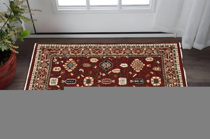 3' X 5' Red Black Ivory And Brown Oriental Power Loom Stain Resistant Area Rug With Fringe