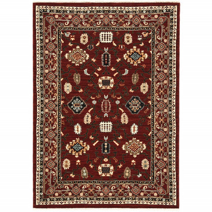 3' X 5' Red Black Ivory And Brown Oriental Power Loom Stain Resistant Area Rug With Fringe
