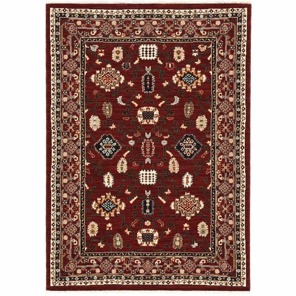 5' X 8' Red And Black Oriental Power Loom Area Rug With Fringe