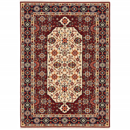 2' X 3' Red Ivory Blue And Orange Oriental Power Loom Stain Resistant Area Rug With Fringe