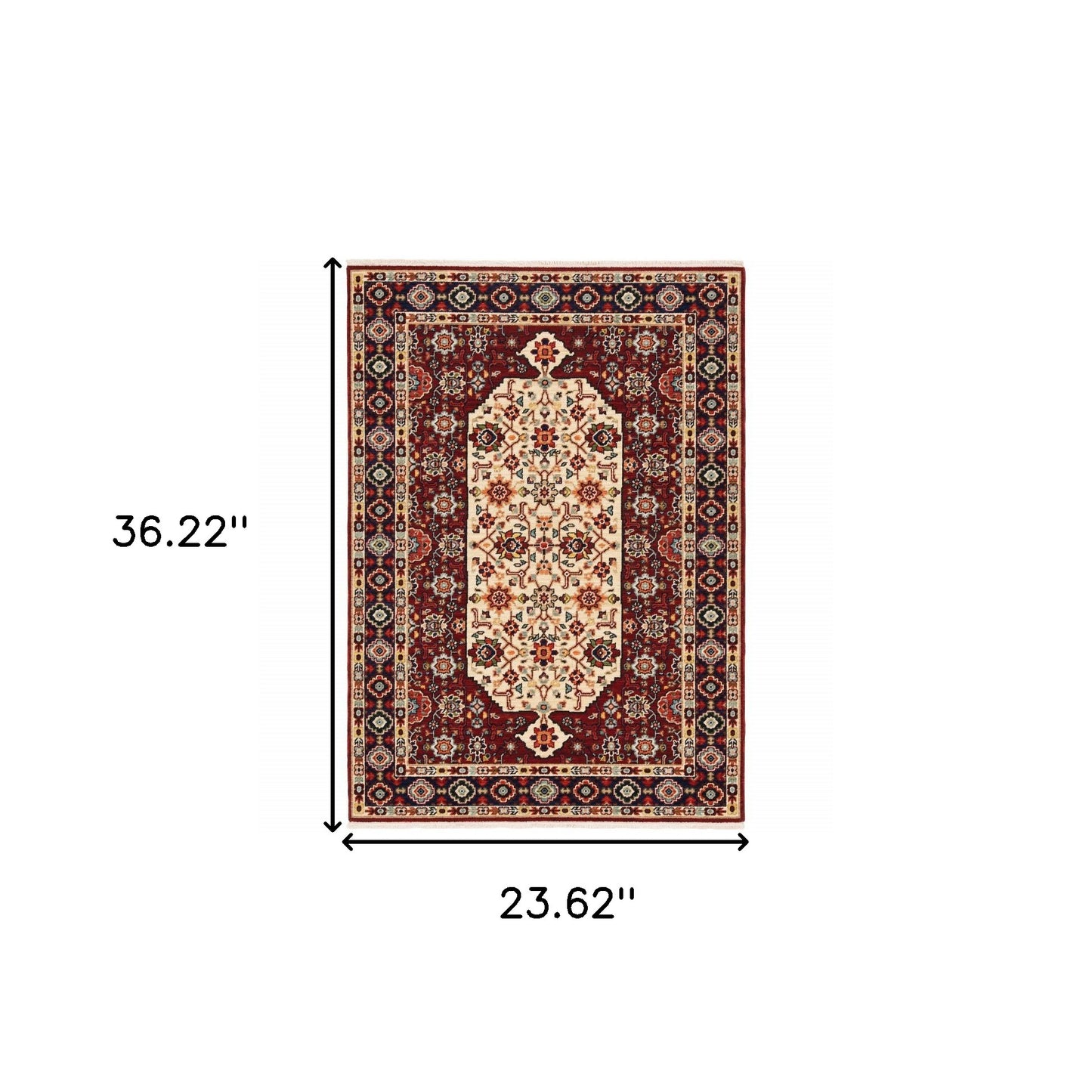 2' X 3' Red Ivory Blue And Orange Oriental Power Loom Stain Resistant Area Rug With Fringe