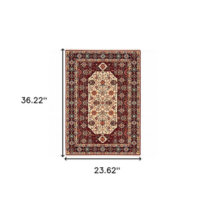 2' X 3' Red Ivory Blue And Orange Oriental Power Loom Stain Resistant Area Rug With Fringe
