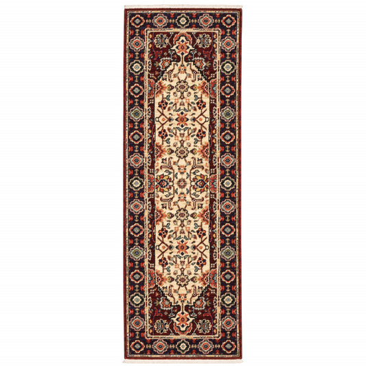 2' X 6' Red Ivory Blue And Orange Oriental Power Loom Stain Resistant Runner Rug With Fringe