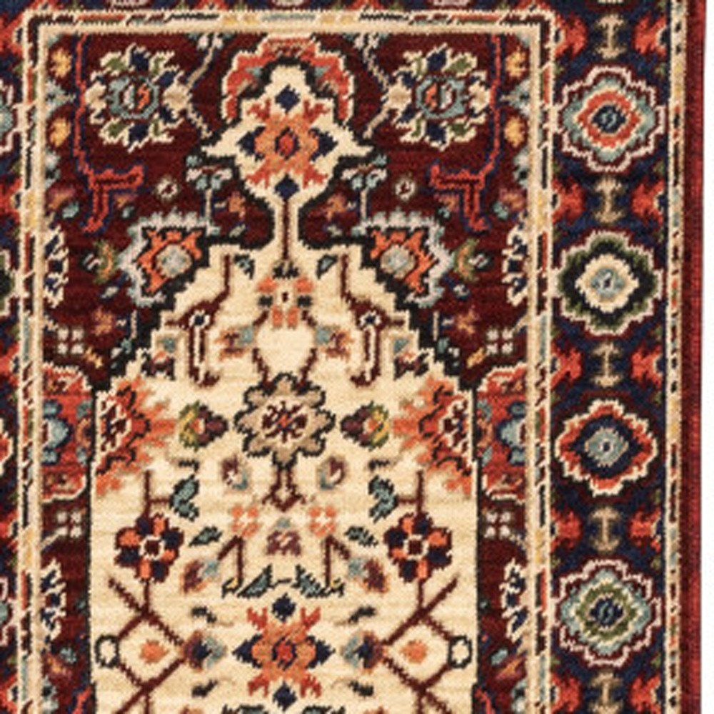 2' X 6' Red Ivory Blue And Orange Oriental Power Loom Stain Resistant Runner Rug With Fringe