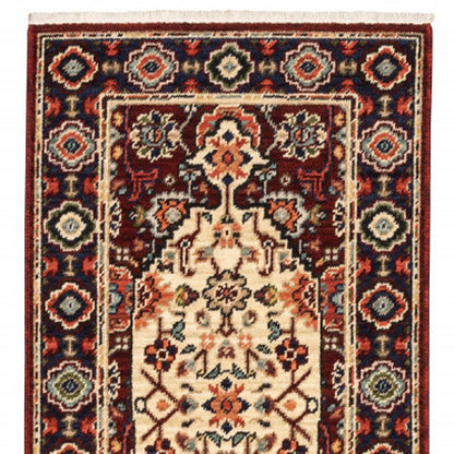 2' X 6' Red Ivory Blue And Orange Oriental Power Loom Stain Resistant Runner Rug With Fringe