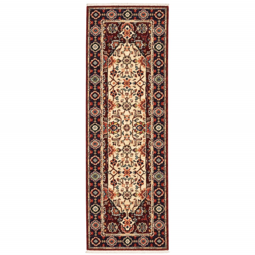 2' X 6' Red Ivory Blue And Orange Oriental Power Loom Stain Resistant Runner Rug With Fringe