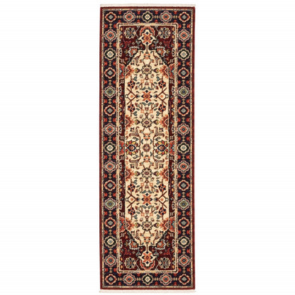 2' X 6' Red Ivory Blue And Orange Oriental Power Loom Stain Resistant Runner Rug With Fringe