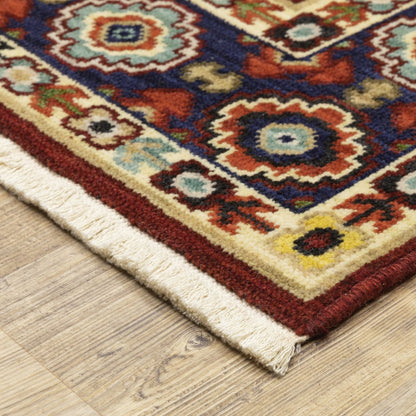 2' X 6' Red Ivory Blue And Orange Oriental Power Loom Stain Resistant Runner Rug With Fringe