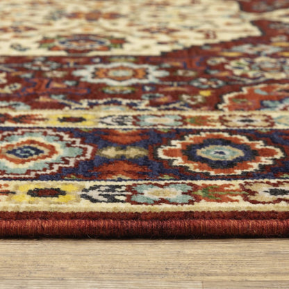2' X 6' Red Ivory Blue And Orange Oriental Power Loom Stain Resistant Runner Rug With Fringe