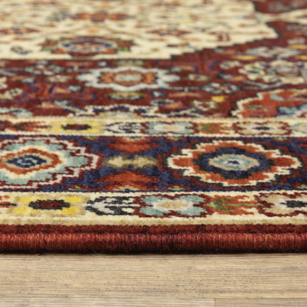 2' X 6' Red Ivory Blue And Orange Oriental Power Loom Stain Resistant Runner Rug With Fringe